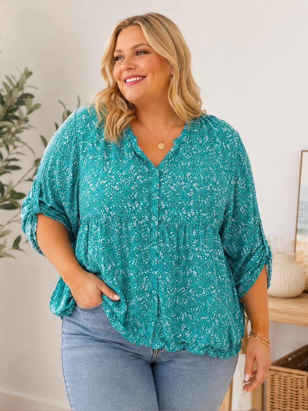 Cynthia Rowley Woman 1X Teal Floral Rayon Boho Babydoll Blouse Plus Size